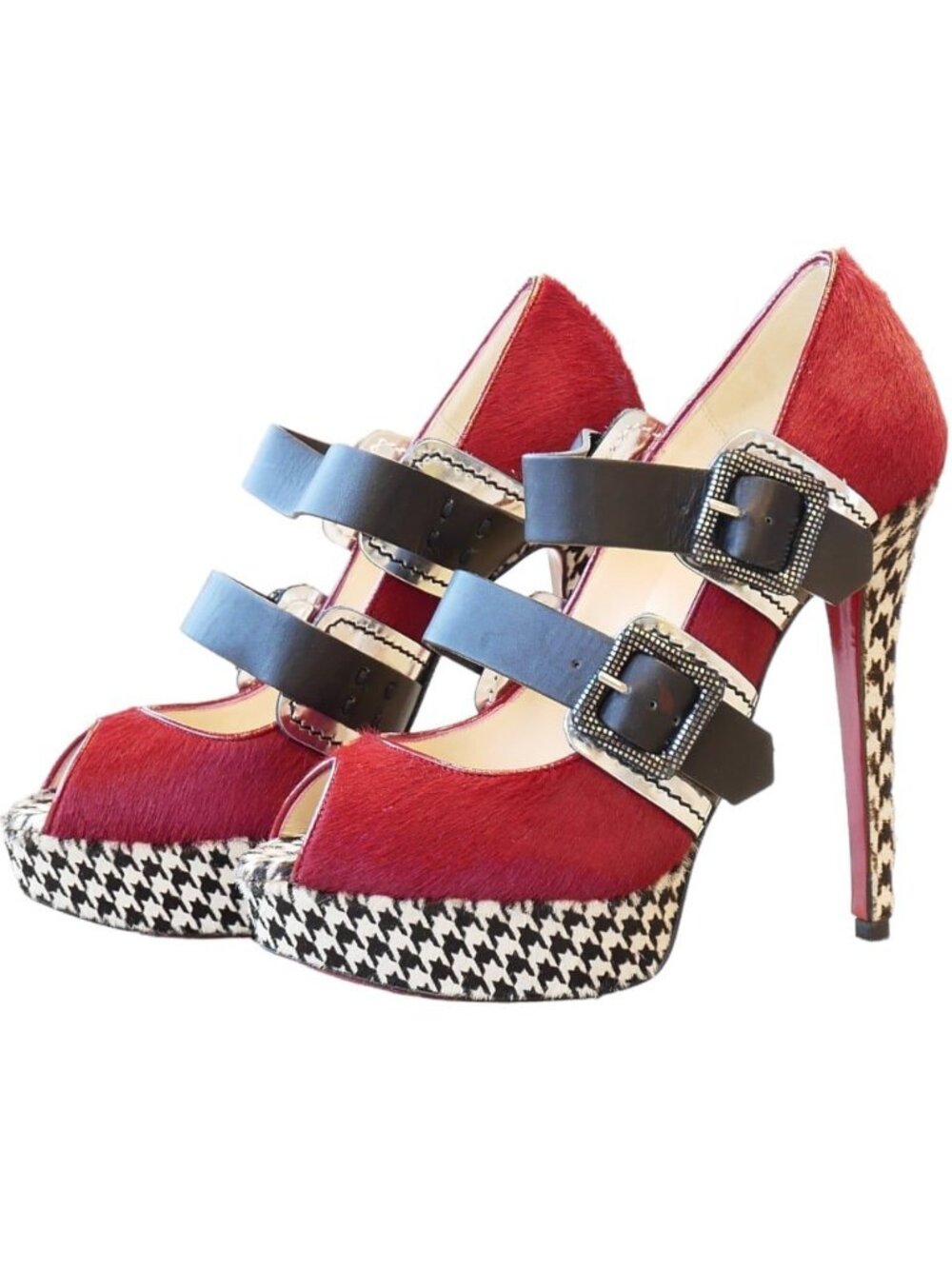 Christian Louboutin Bikiki 140 Red Pony Hair Houndstooth Platform Heels Sz 36
